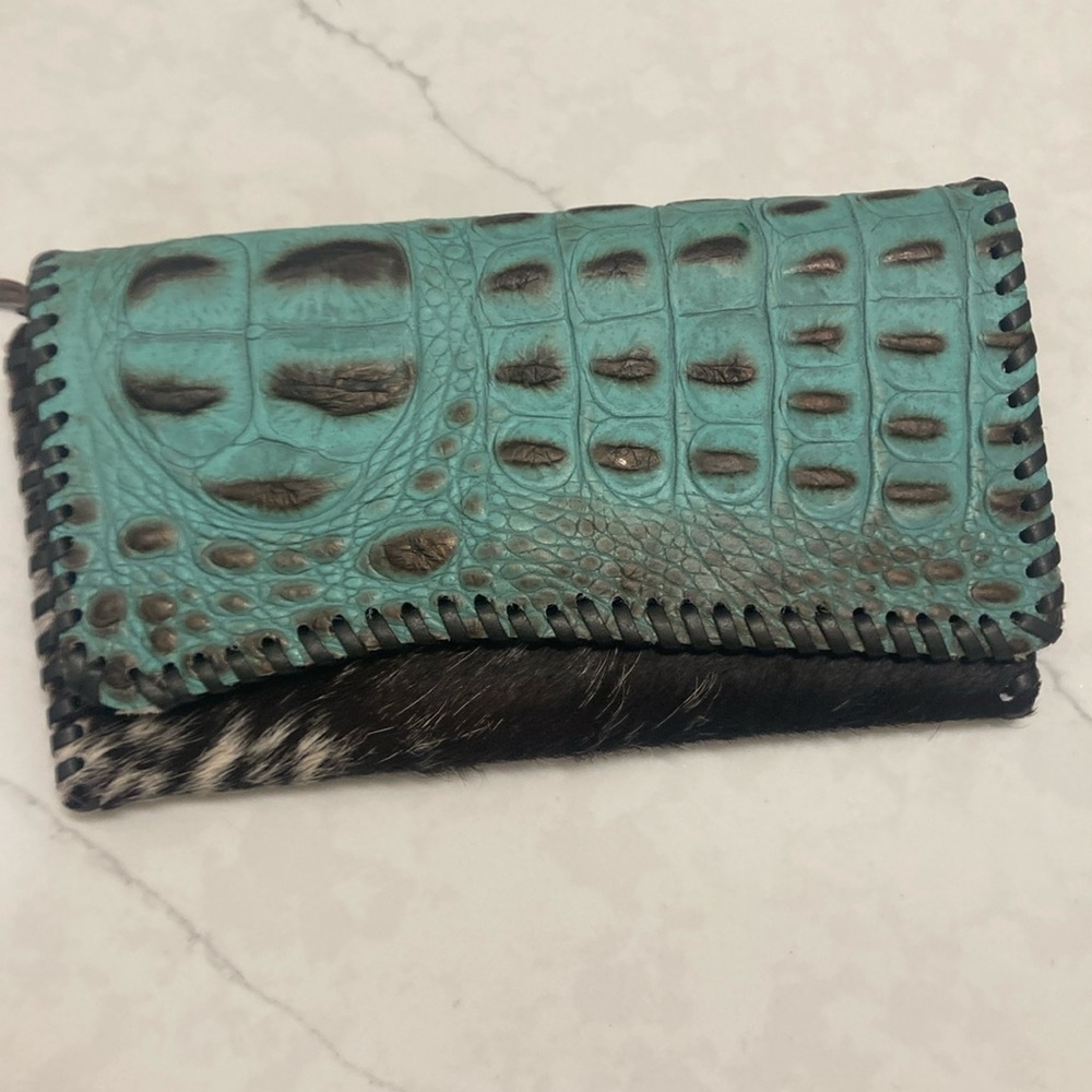 Western cowgirl cowhide and turquoise wallet
